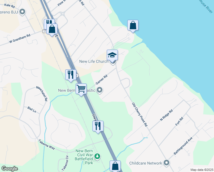 map of restaurants, bars, coffee shops, grocery stores, and more near 425 Garner Road in New Bern