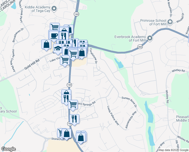 map of restaurants, bars, coffee shops, grocery stores, and more near 2350 Mirage Place in Fort Mill
