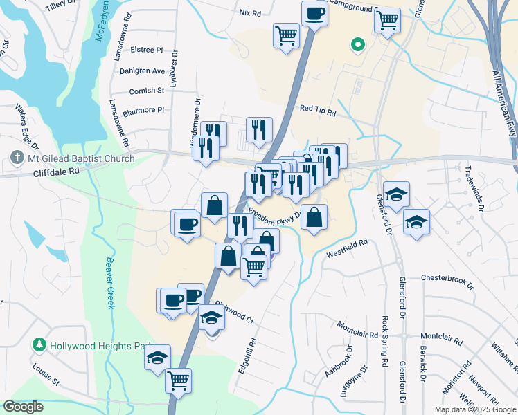 map of restaurants, bars, coffee shops, grocery stores, and more near 2844 Freedom Parkway Drive in Fayetteville