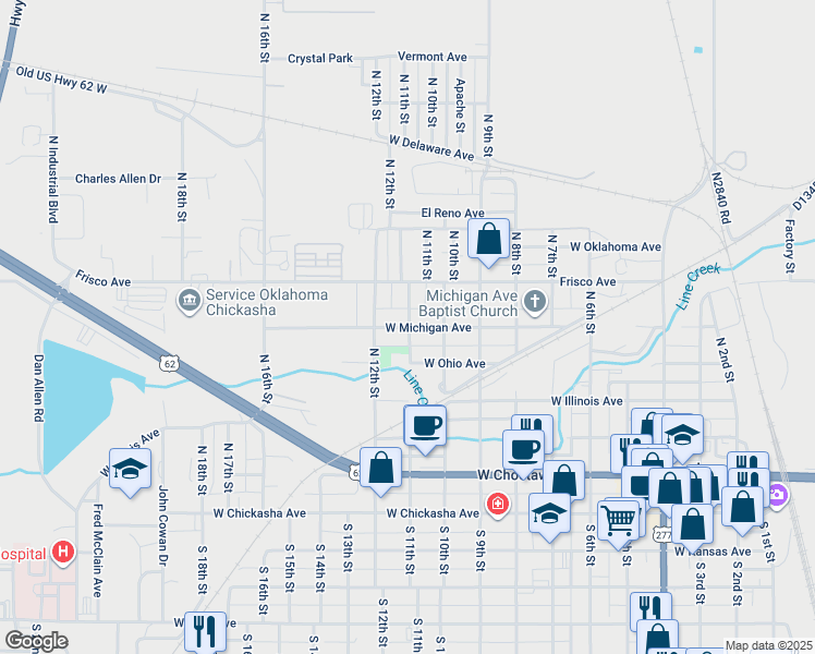 map of restaurants, bars, coffee shops, grocery stores, and more near 516 North 11th Street in Chickasha
