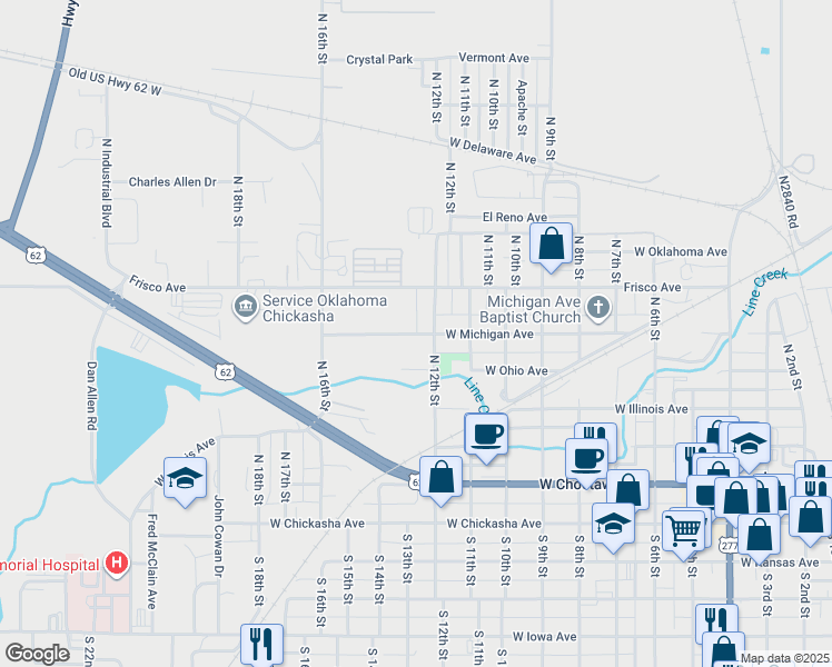 map of restaurants, bars, coffee shops, grocery stores, and more near 511 North 12th Street in Chickasha