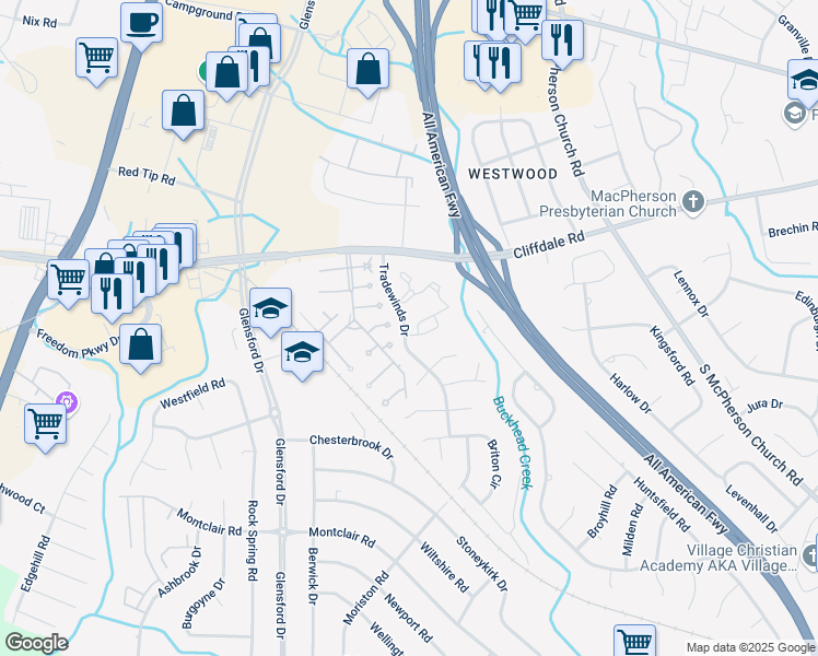 map of restaurants, bars, coffee shops, grocery stores, and more near 427 Tradewinds Drive in Fayetteville