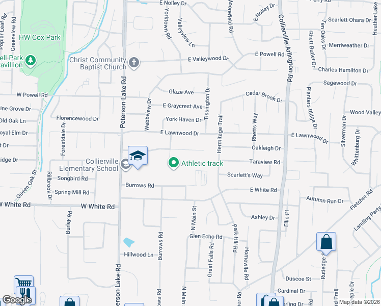 map of restaurants, bars, coffee shops, grocery stores, and more near 185 East Pecan Valley Street in Collierville