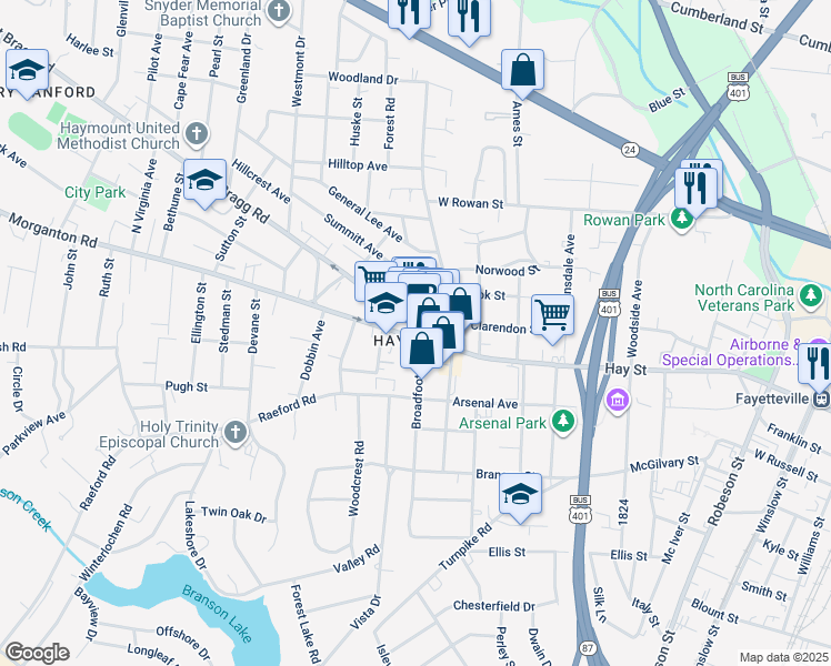 map of restaurants, bars, coffee shops, grocery stores, and more near in Fayetteville