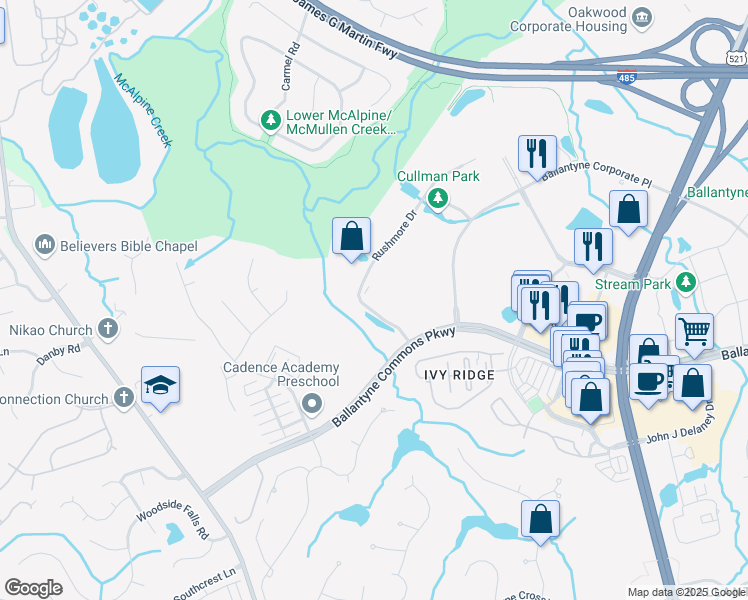 map of restaurants, bars, coffee shops, grocery stores, and more near 11006 Rushmore Drive in Charlotte