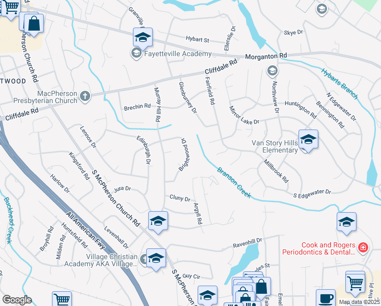 map of restaurants, bars, coffee shops, grocery stores, and more near 426 Brightwood Drive in Fayetteville