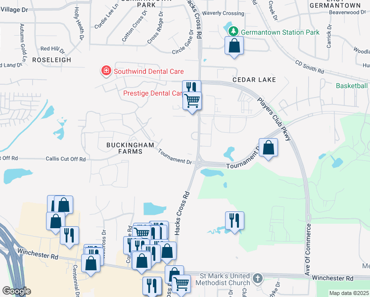 map of restaurants, bars, coffee shops, grocery stores, and more near 8068 Salisbury Pl in Memphis