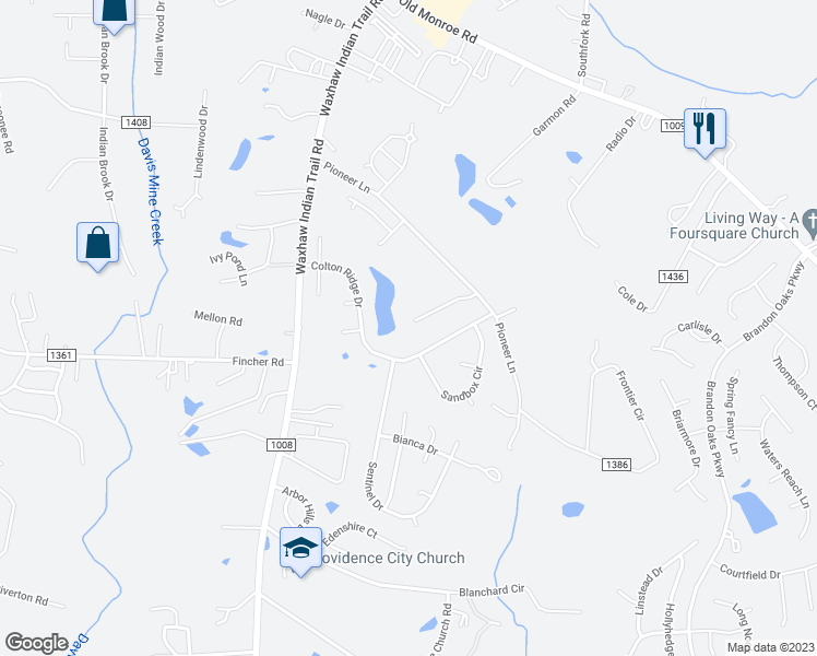 map of restaurants, bars, coffee shops, grocery stores, and more near 1021 Wadsworth Lane in Indian Trail