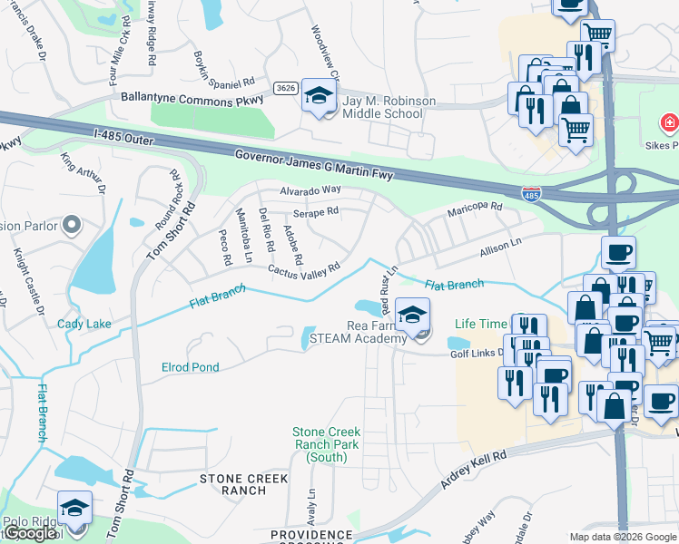 map of restaurants, bars, coffee shops, grocery stores, and more near 5719 Cactus Valley Road in Charlotte