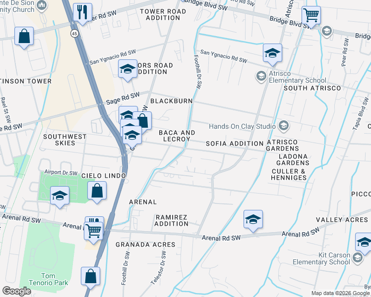 map of restaurants, bars, coffee shops, grocery stores, and more near 1499 Foothill Drive Southwest in Albuquerque