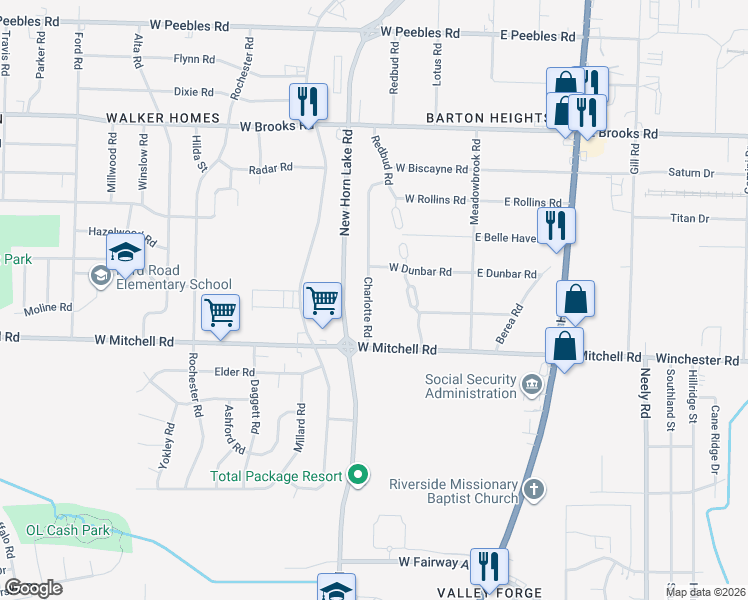 map of restaurants, bars, coffee shops, grocery stores, and more near 3380 Charlotte Road in Memphis