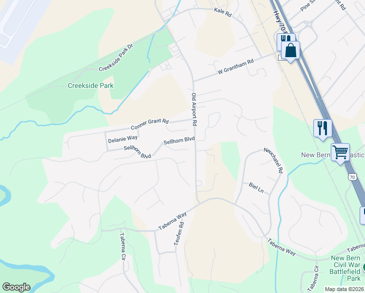 map of restaurants, bars, coffee shops, grocery stores, and more near 101 Kriens Court in New Bern