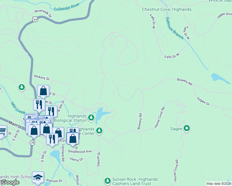 map of restaurants, bars, coffee shops, grocery stores, and more near 18 Galax Court in Highlands
