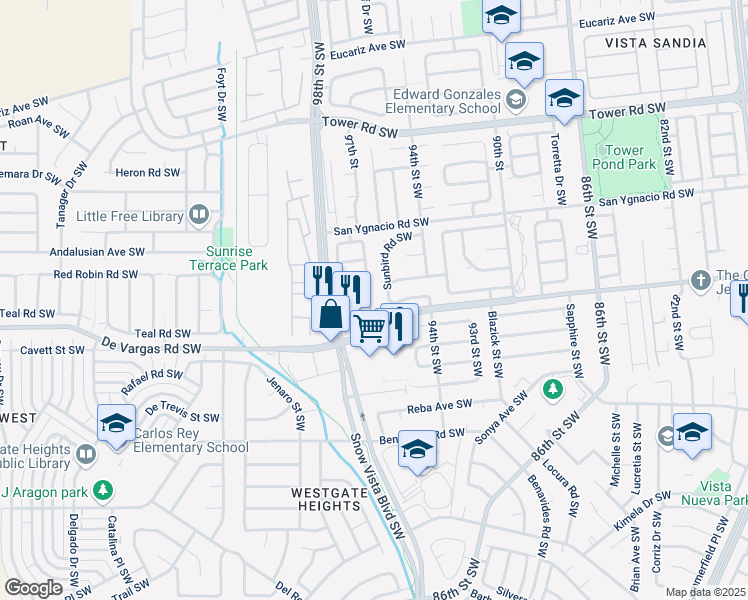 map of restaurants, bars, coffee shops, grocery stores, and more near 9512 Sunspot Road Southwest in Albuquerque