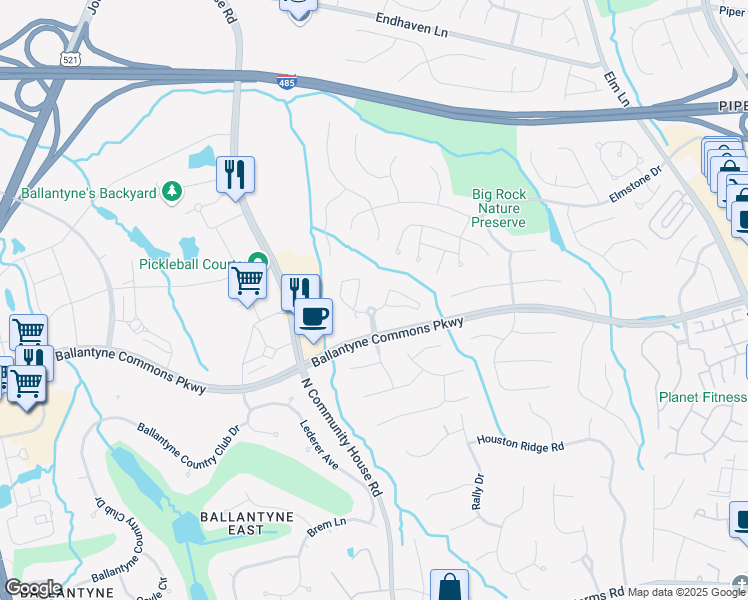 map of restaurants, bars, coffee shops, grocery stores, and more near 6812 Dowington Drive in Charlotte