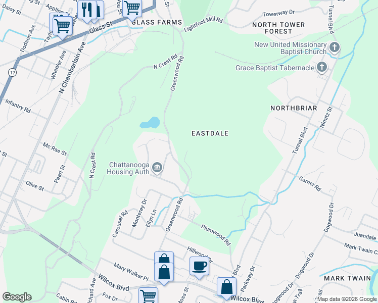 map of restaurants, bars, coffee shops, grocery stores, and more near 3243 Geneal Lane in Chattanooga