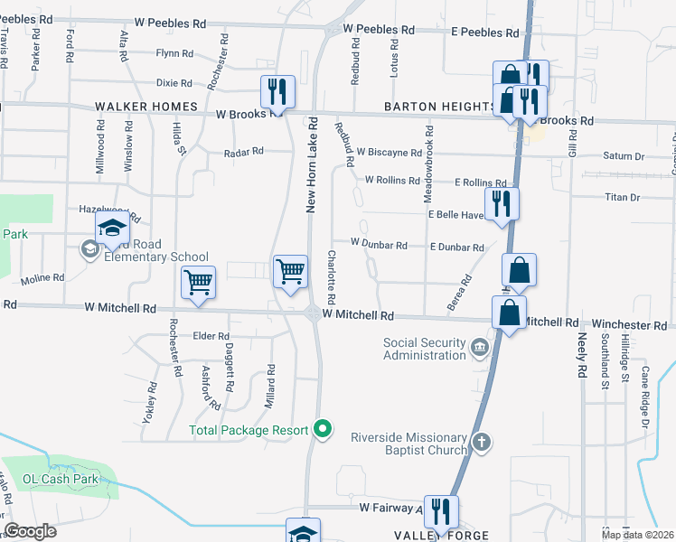 map of restaurants, bars, coffee shops, grocery stores, and more near 3380 Charlotte Road in Memphis