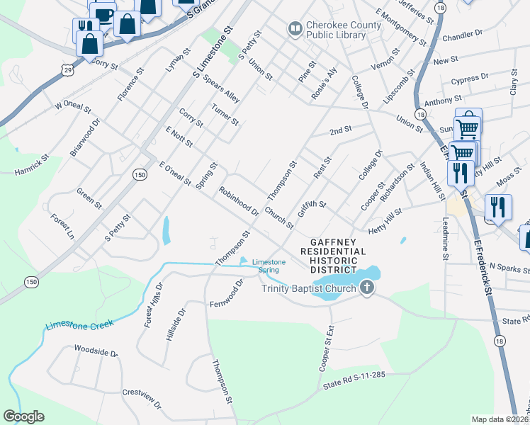 map of restaurants, bars, coffee shops, grocery stores, and more near 609 E Oneal St in Gaffney