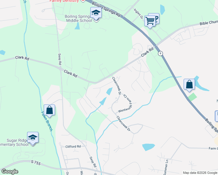 map of restaurants, bars, coffee shops, grocery stores, and more near 124 Clearcreek Drive in Boiling Springs