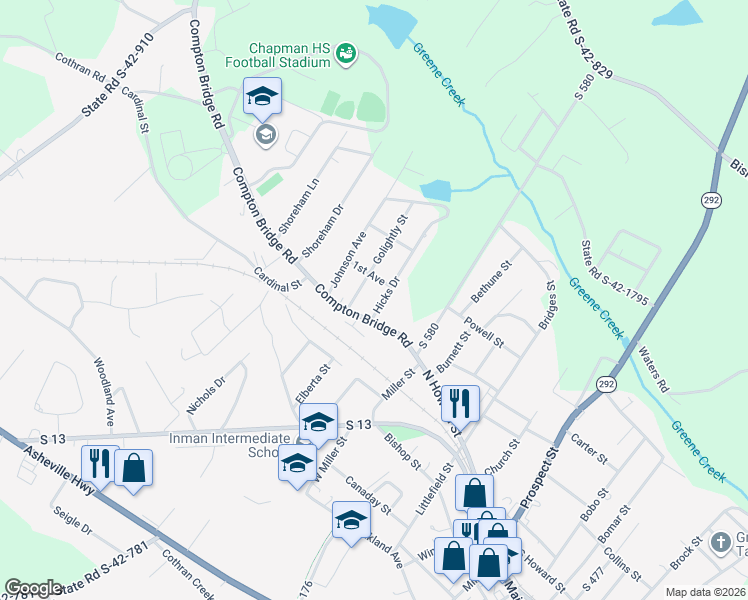 map of restaurants, bars, coffee shops, grocery stores, and more near 58 North Howard Street in Inman