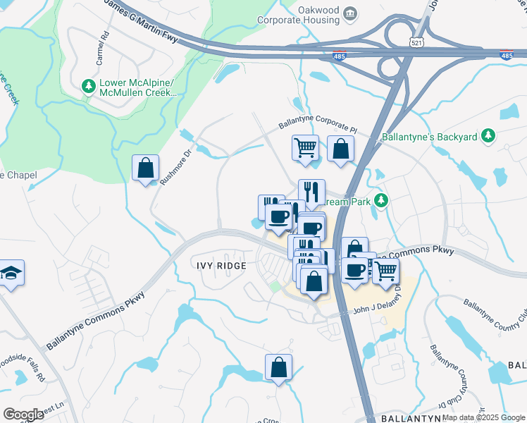 map of restaurants, bars, coffee shops, grocery stores, and more near 15830 Ballantyne Medical Place in Charlotte