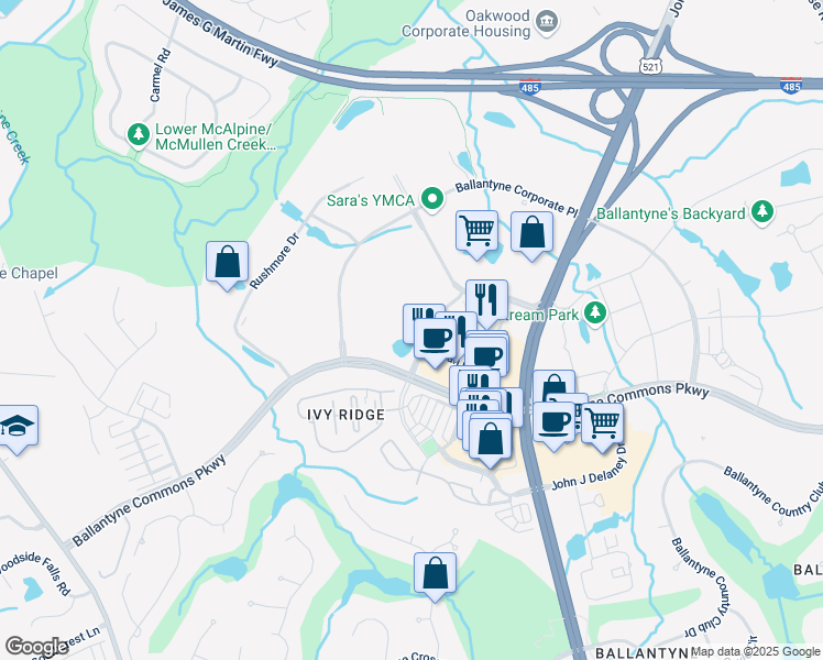 map of restaurants, bars, coffee shops, grocery stores, and more near 15830 Ballantyne Medical Place in Charlotte