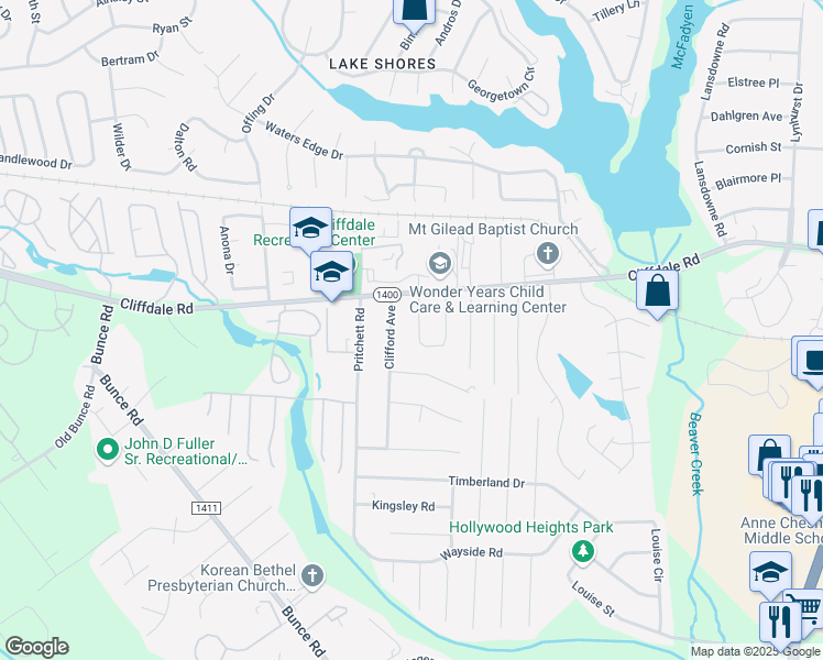 map of restaurants, bars, coffee shops, grocery stores, and more near 605 Jennings Farm Road in Fayetteville