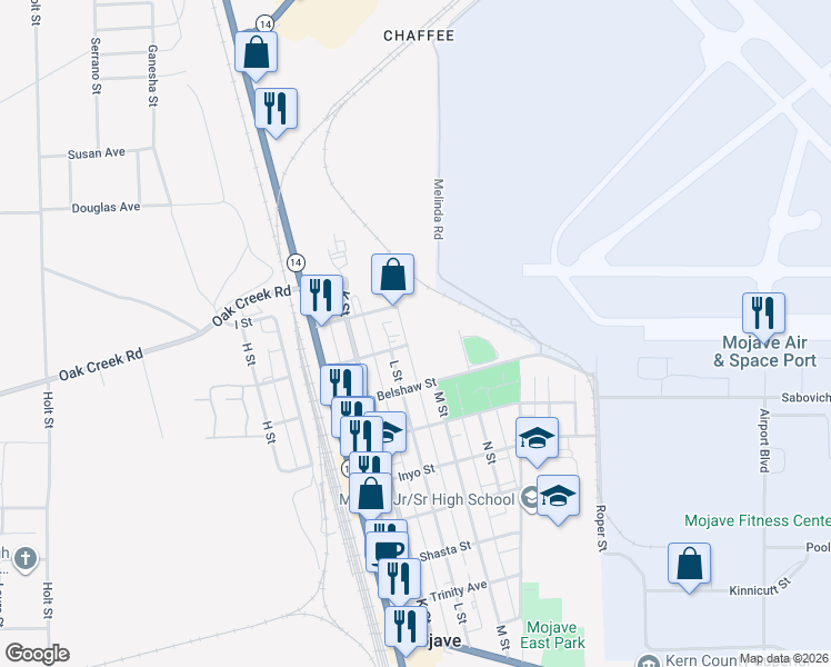 map of restaurants, bars, coffee shops, grocery stores, and more near 2121 Nadeau Street in Mojave