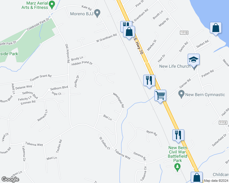 map of restaurants, bars, coffee shops, grocery stores, and more near 412 Neuchatel Road in New Bern