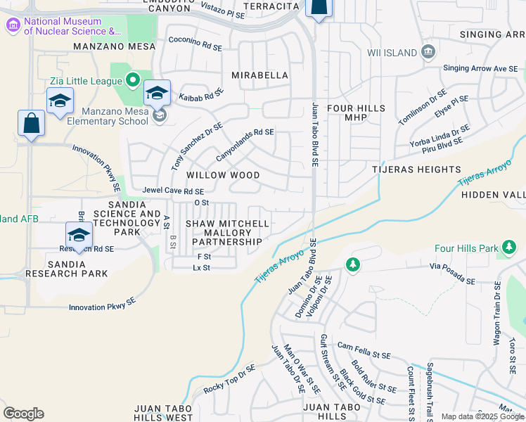 map of restaurants, bars, coffee shops, grocery stores, and more near 1053 Colt Lane Southeast in Albuquerque