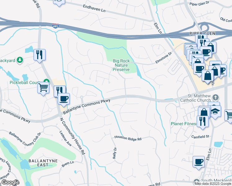 map of restaurants, bars, coffee shops, grocery stores, and more near 10808 Jordan Rae Lane in Charlotte