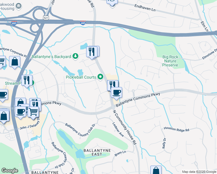 map of restaurants, bars, coffee shops, grocery stores, and more near North Community House Road in Charlotte