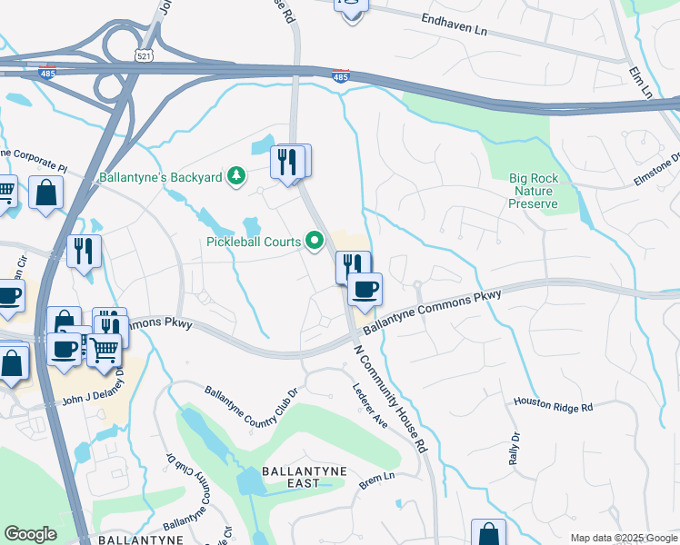 map of restaurants, bars, coffee shops, grocery stores, and more near North Community House Road in Charlotte