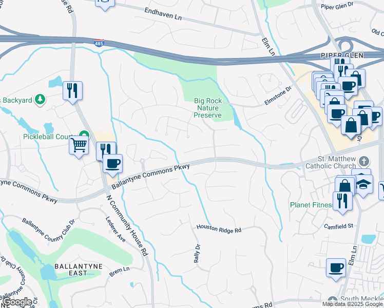 map of restaurants, bars, coffee shops, grocery stores, and more near 10720 Jordan Rae Lane in Charlotte