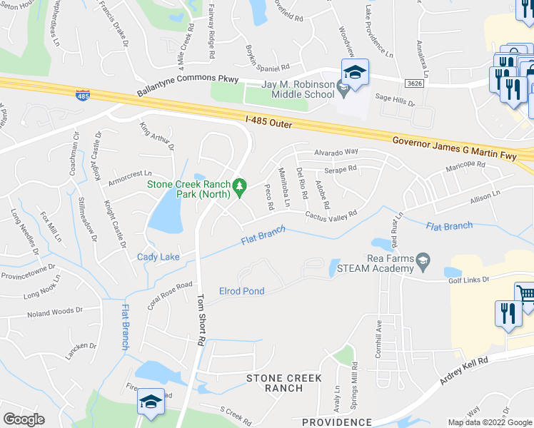 map of restaurants, bars, coffee shops, grocery stores, and more near 6106 Cactus Valley Road in Charlotte