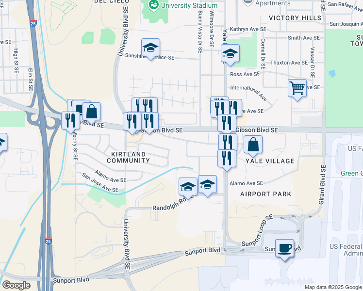 map of restaurants, bars, coffee shops, grocery stores, and more near 99999 Gibson Boulevard Southeast in Albuquerque