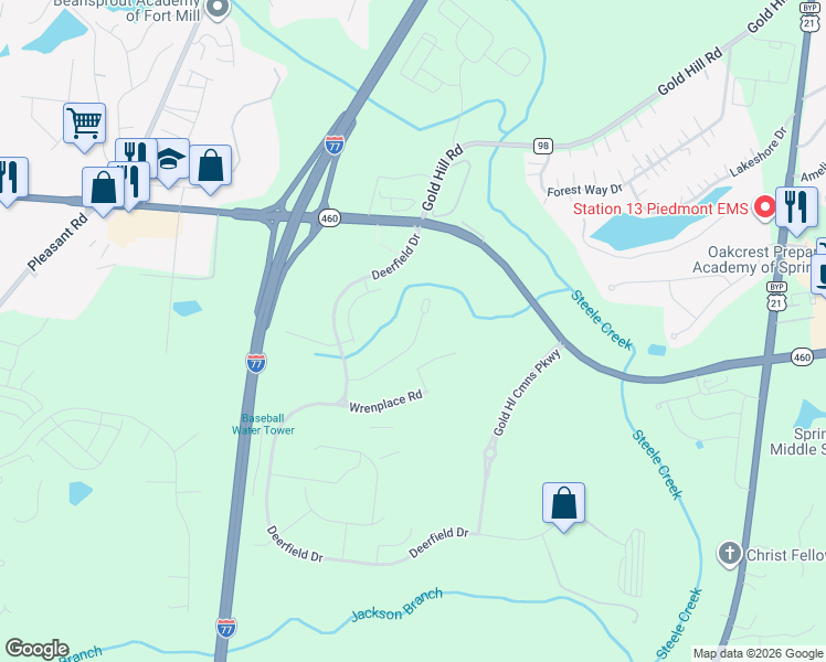 map of restaurants, bars, coffee shops, grocery stores, and more near 751 Gold Hill Road in Fort Mill