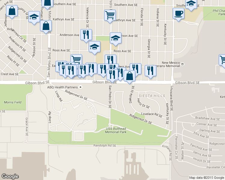 map of restaurants, bars, coffee shops, grocery stores, and more near 5750-5798 Gibson Boulevard Southeast in Albuquerque