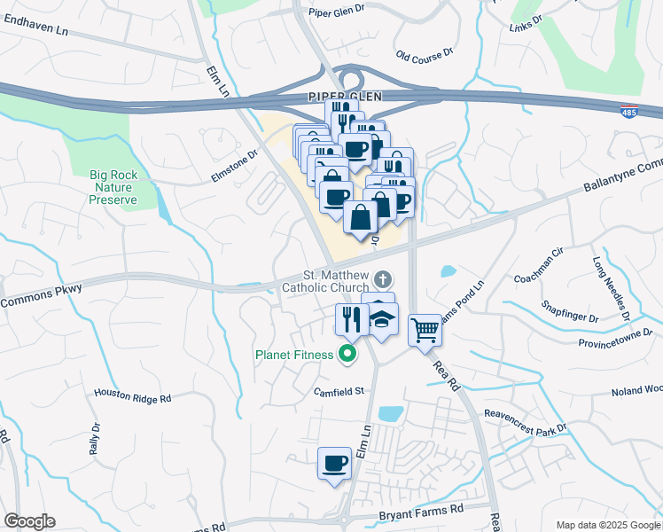 map of restaurants, bars, coffee shops, grocery stores, and more near North Community House Road in Charlotte