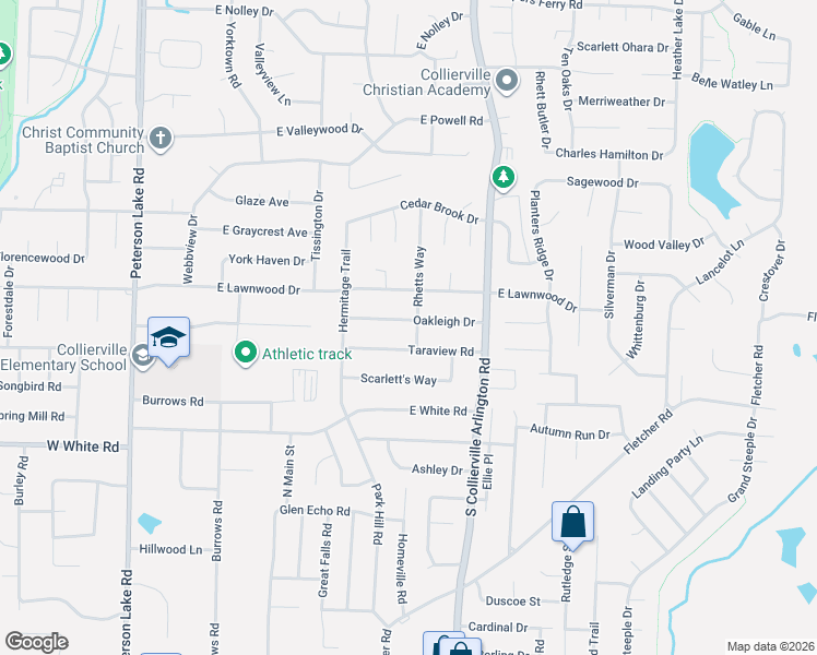 map of restaurants, bars, coffee shops, grocery stores, and more near 320 Oakleigh Drive in Collierville