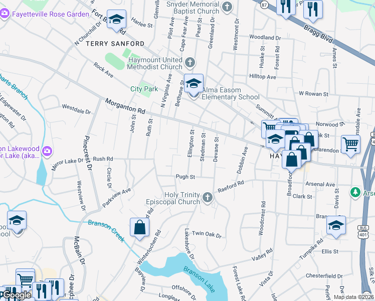 map of restaurants, bars, coffee shops, grocery stores, and more near 118 Ellington Street in Fayetteville