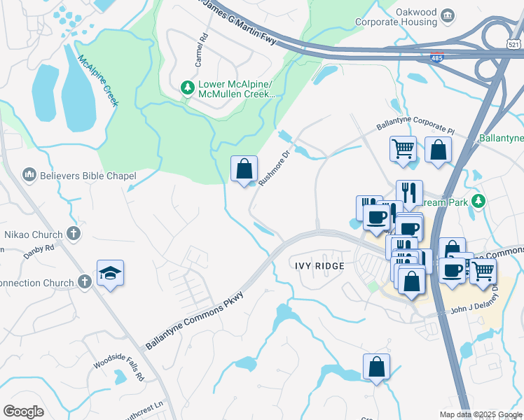 map of restaurants, bars, coffee shops, grocery stores, and more near 11006 Rushmore Drive in Charlotte