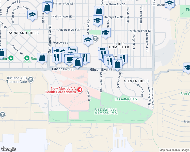 map of restaurants, bars, coffee shops, grocery stores, and more near 5600 Gibson Boulevard Southeast in Albuquerque