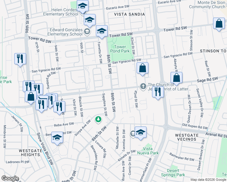 map of restaurants, bars, coffee shops, grocery stores, and more near 8519 Mesa Real Avenue Southwest in Albuquerque