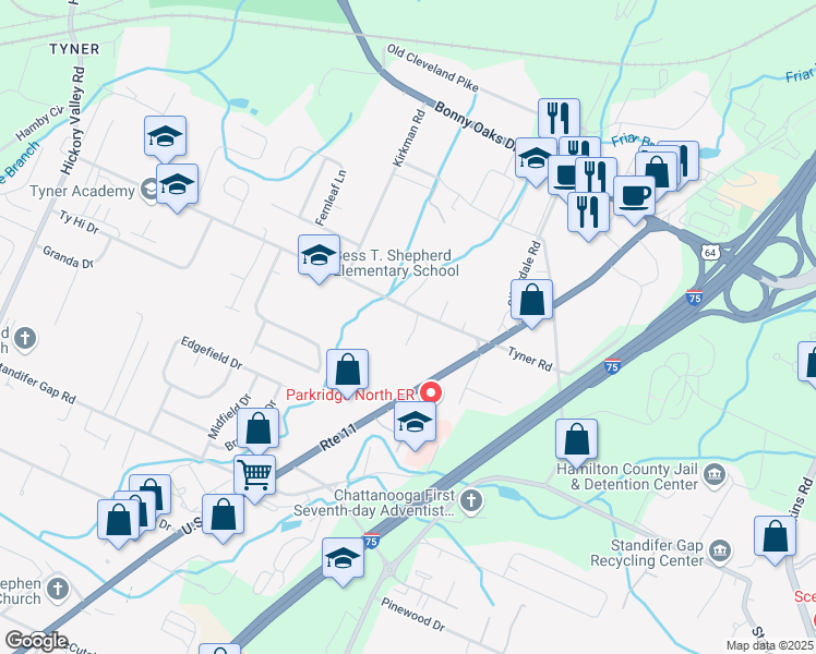 map of restaurants, bars, coffee shops, grocery stores, and more near 2729 Stone Trace Drive in Chattanooga