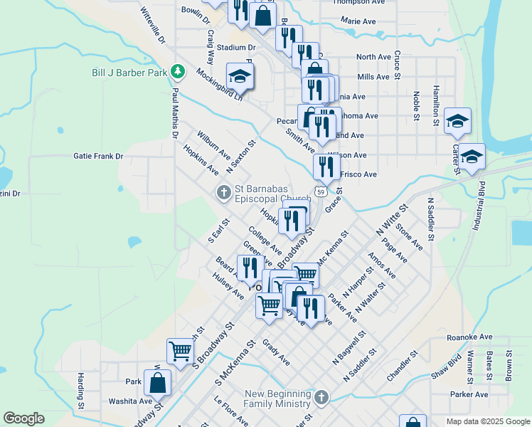 map of restaurants, bars, coffee shops, grocery stores, and more near Hopkins Ave & N Hill St in Poteau