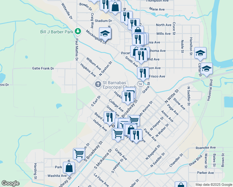map of restaurants, bars, coffee shops, grocery stores, and more near Hopkins Ave & N Hill St in Poteau