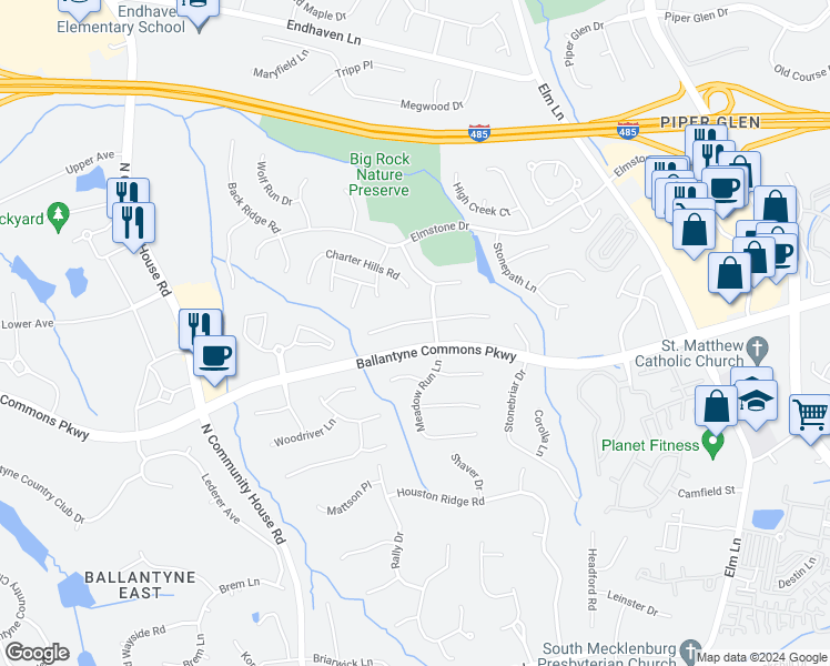 map of restaurants, bars, coffee shops, grocery stores, and more near 10820 Jordan Rae Lane in Charlotte