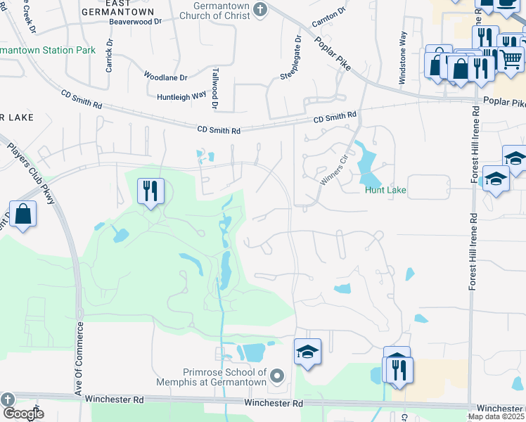 map of restaurants, bars, coffee shops, grocery stores, and more near 8726 Windrush in Memphis
