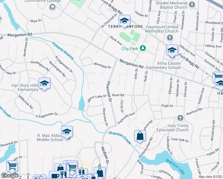 map of restaurants, bars, coffee shops, grocery stores, and more near 231 Pinecrest Drive in Fayetteville